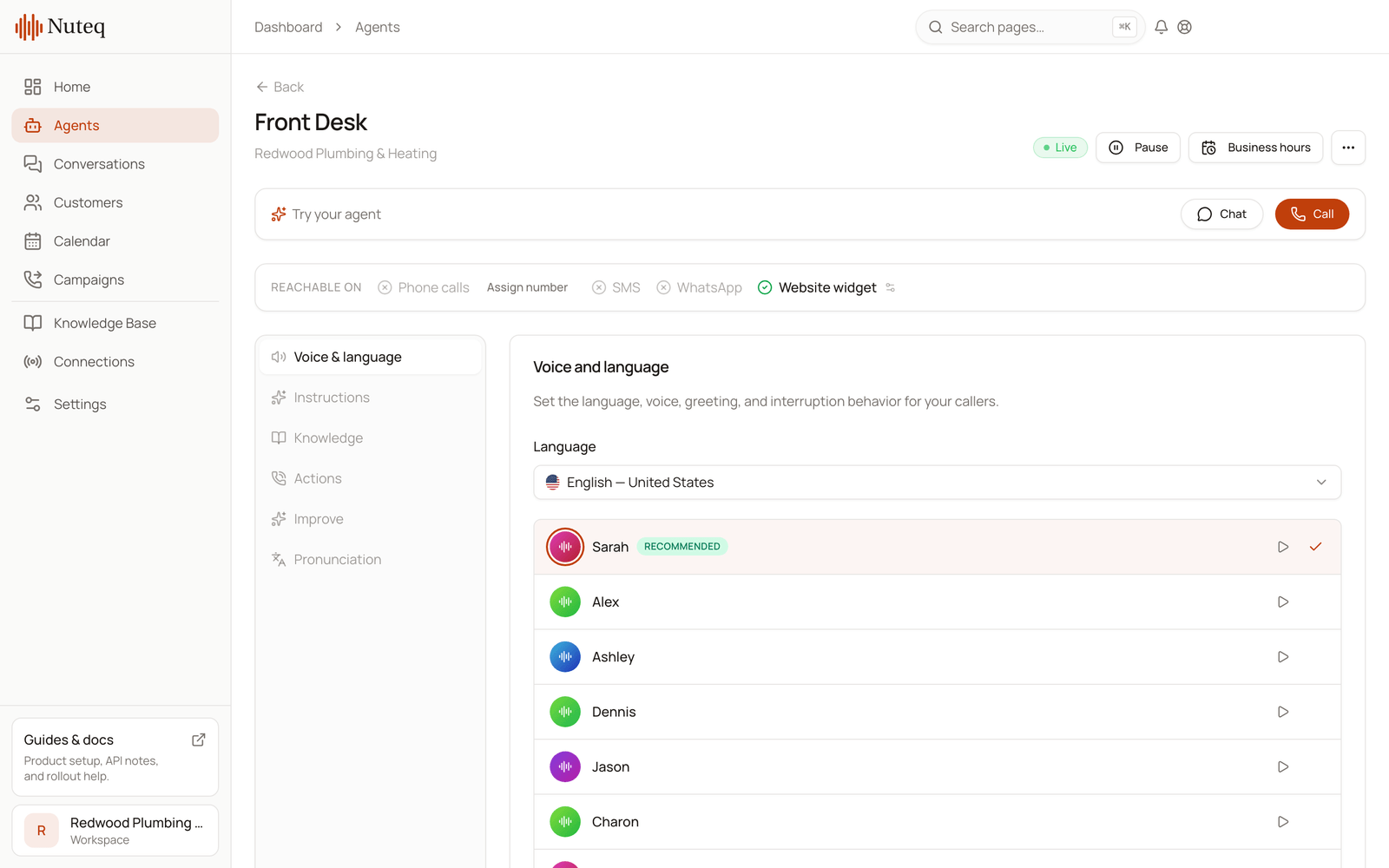 The Nuteq agent editor with voice and language settings for a receptionist named Front Desk.