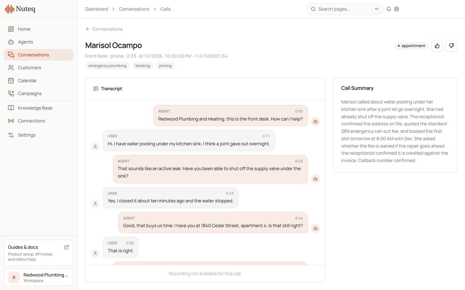A Nuteq call record showing the transcript of an emergency plumbing call beside its written summary.
